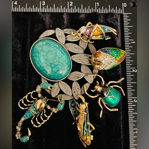 Lot of 6 Insect Brooches – Beetle, Scorpion, Grasshopper, Cicada, Turquoise - Picture 1 of 3